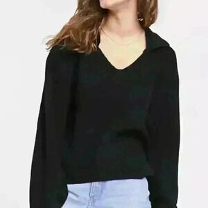 ASOS DESIGN v neck sweater with collar open knit in black size Small